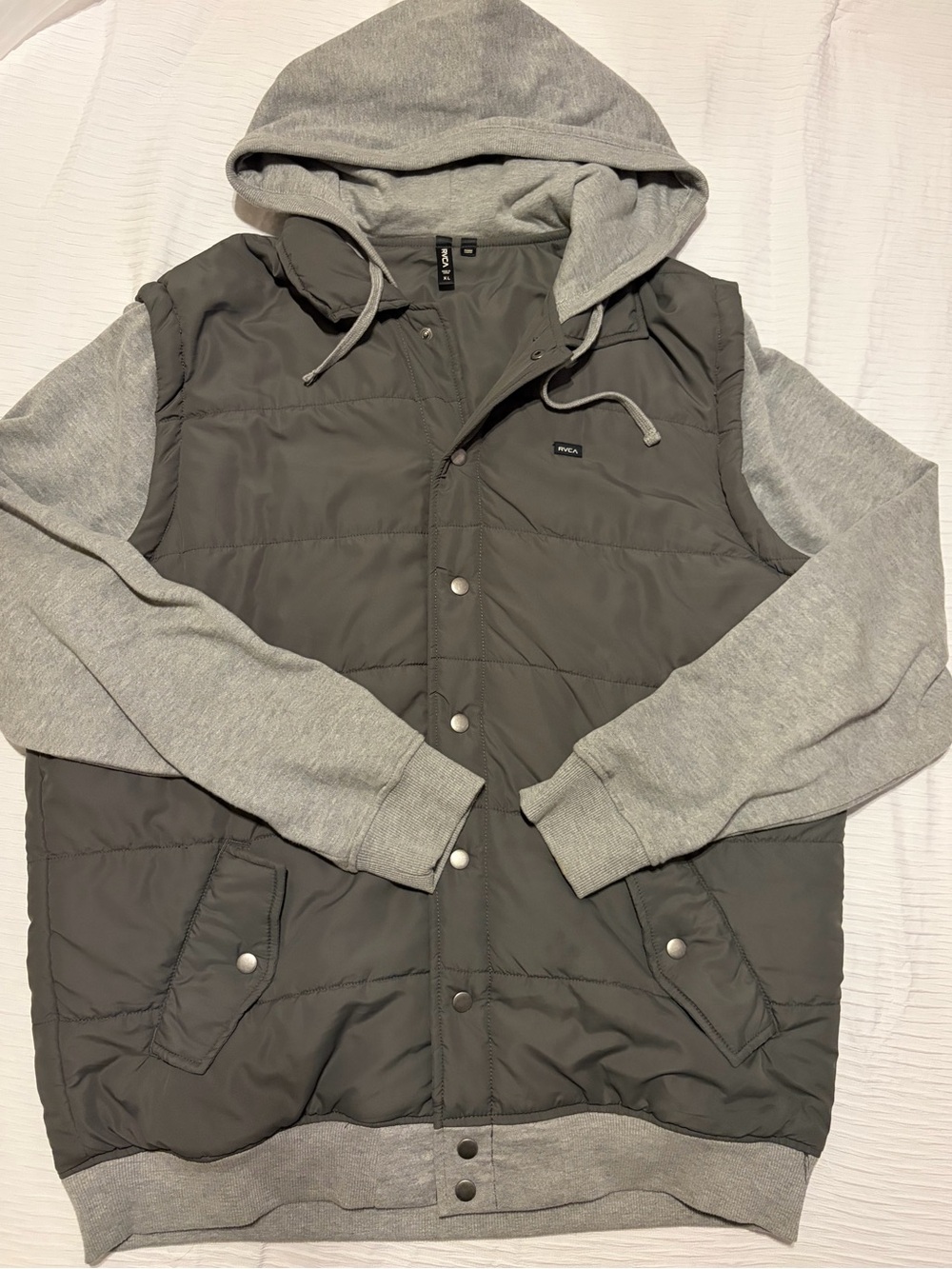 RVCA Men's Gray Hooded Puffer Jacket with Light Gray Sleeves